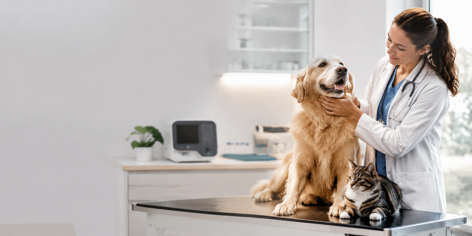 Veterinarian examining a dog and cat during a clinical visit