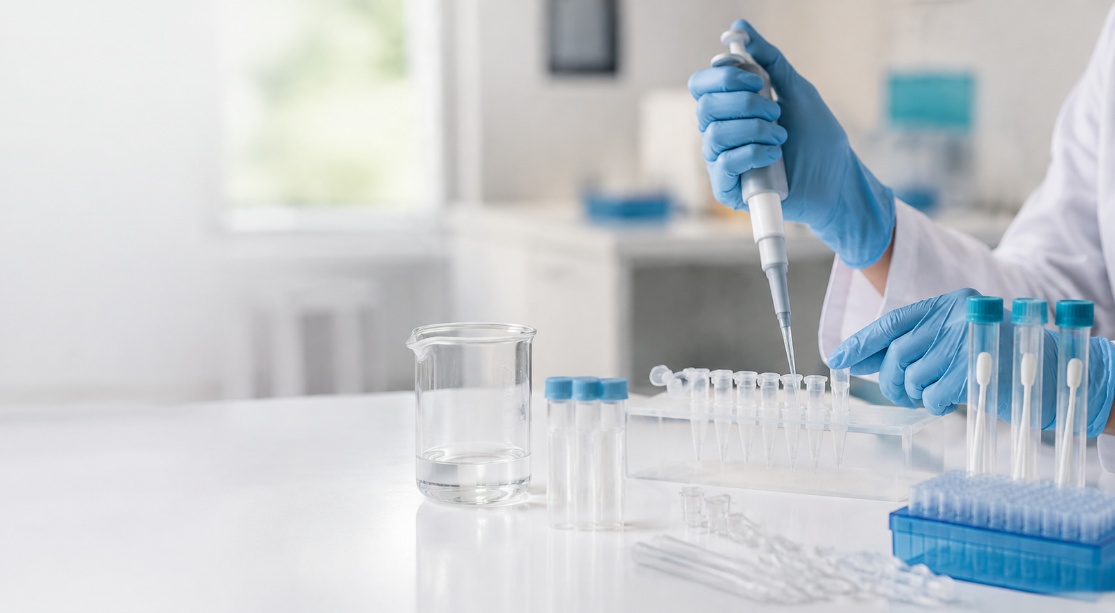 Laboratory technician handling sample tubes with a pipette